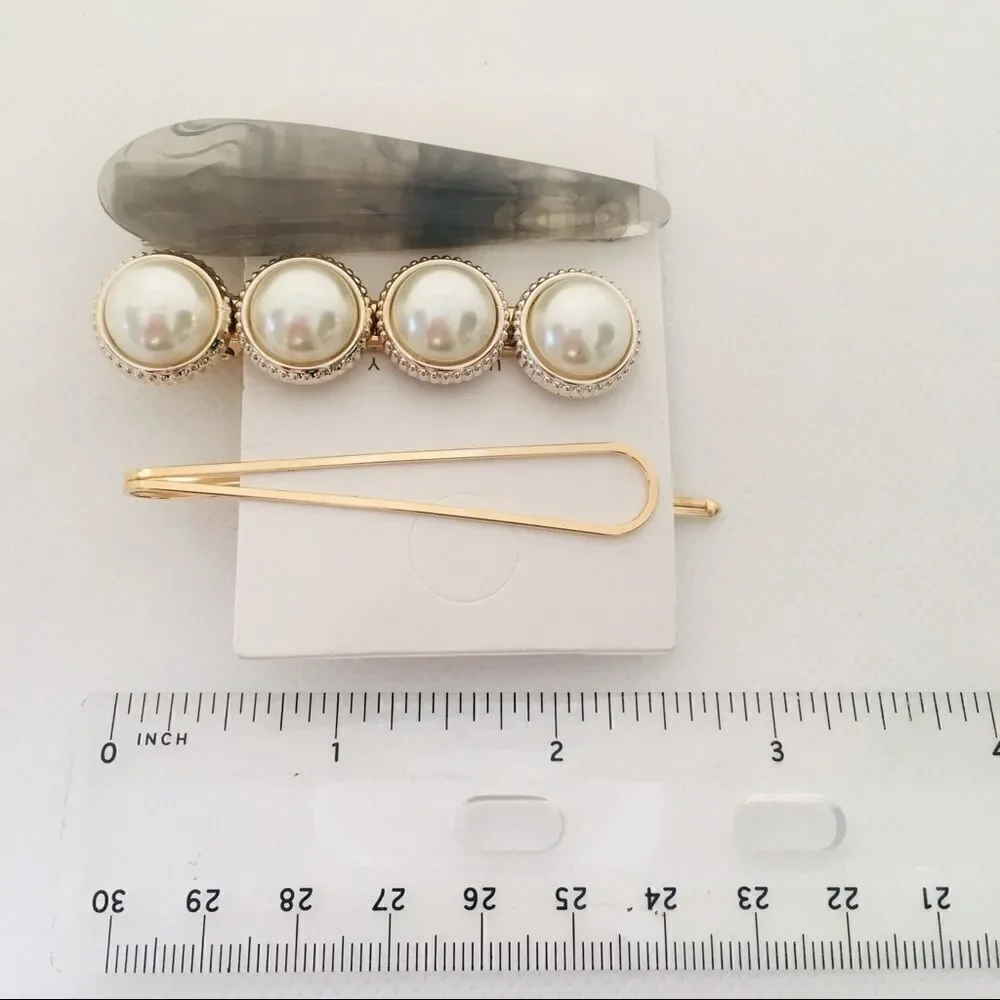 Set of 3 Pearl Gray Marble Gold Hair Pin Barrettes NWT